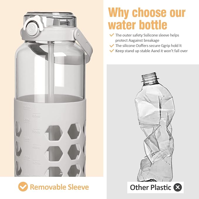 MUKOKO Half Gallon/64 oz Glass Water Bottles with Straw and Lid,Motivational Water Jug with Time Marker Reminder and Silicone Sleeve,100% Leakproof BPA Free Fitness Sports Large Bottle-White