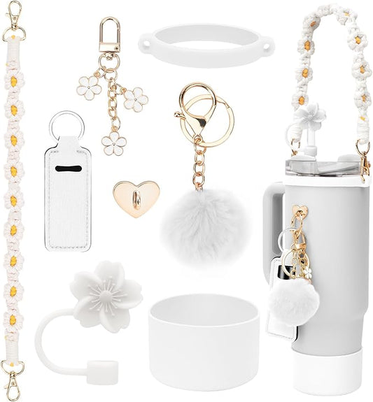 Stanley Cup Accessories Set Including 1 Pcs Siliocne Stanley Cup Boot, 1 Pcs Water Bottle Handle Strap, 1 Pcs Siliocne Straw Cover, 3 Pcs Stanley Charms for Stanley Cup 40oz & 30oz Tumbler - White