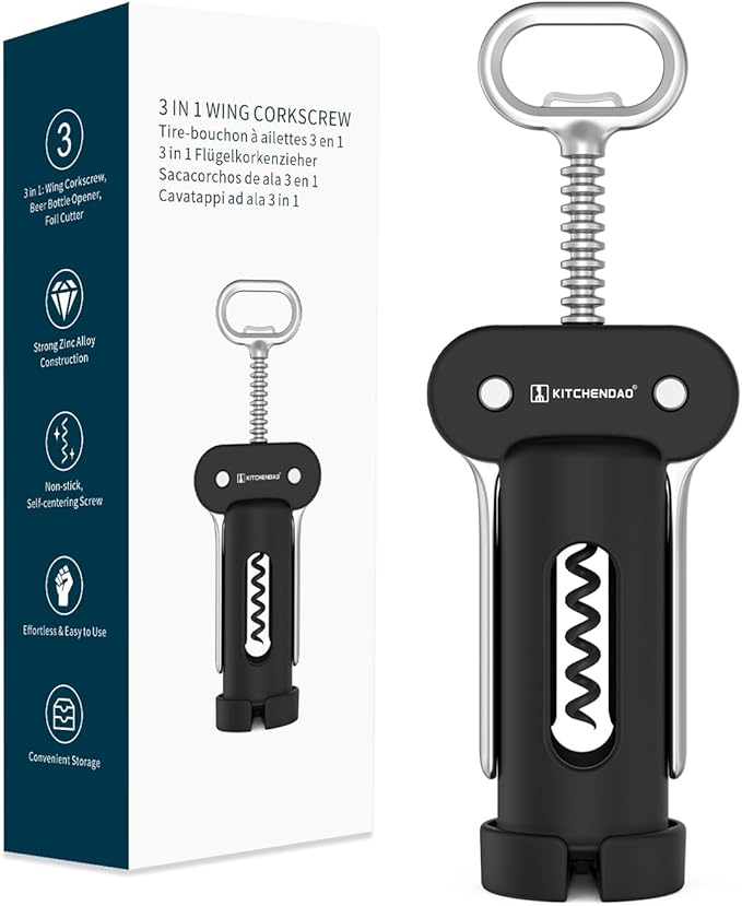 KITCHENDAO 3 in 1 Wing Corkscrew Wine Bottle Opener with Foil Cutter, Built-in Beer Bottle Opener, Multifunctional Wine Opener with Non-Stick Sharp Screw,Easy to Use, Manual Wine Corkscrew，Black