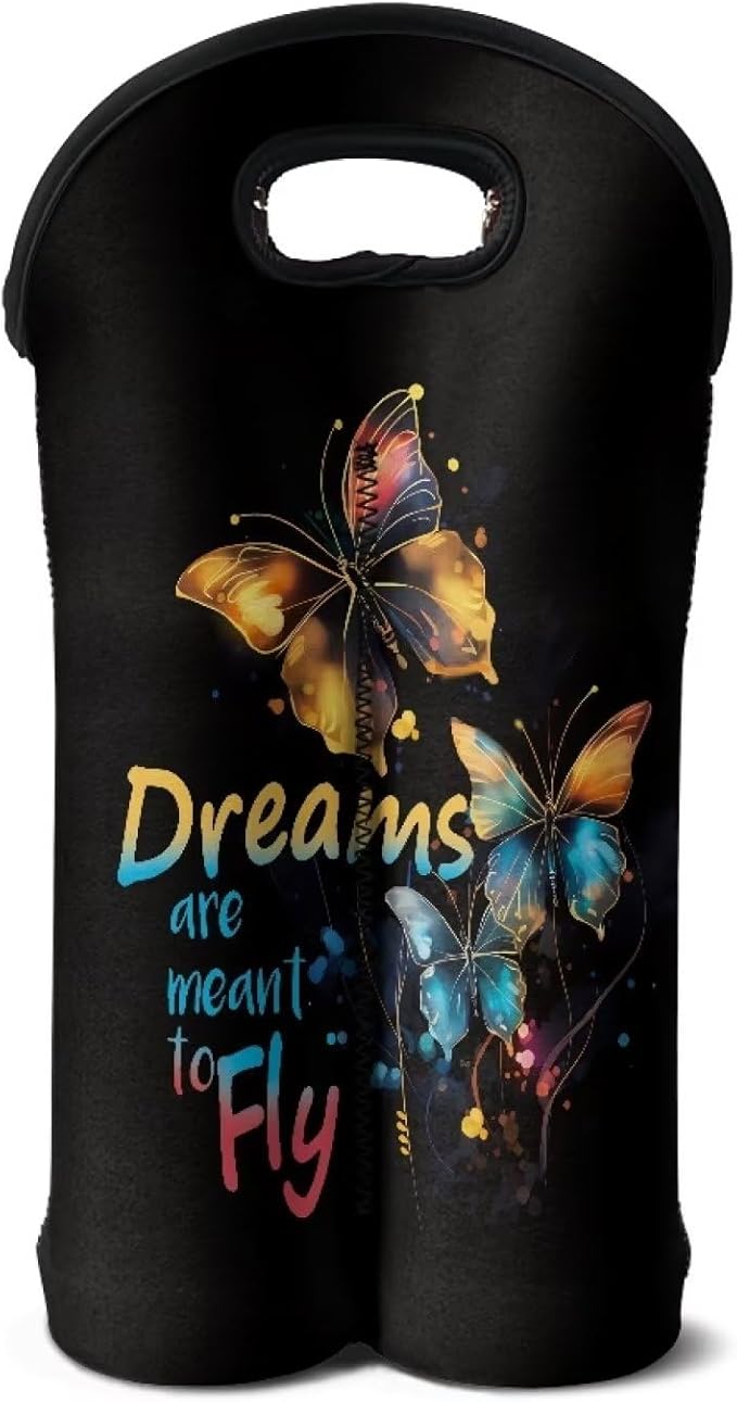 doginthehole Butterfly 2 Bottle Wine Tote Carrier Cooler Bag Insulated Wine Bag Water Bottle Holder Neoprene Pouch for Travel Picnic Party, Dreams Are Meant to Fly Drsign