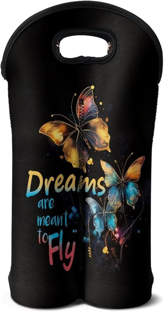 doginthehole Butterfly 2 Bottle Wine Tote Carrier Cooler Bag Insulated Wine Bag Water Bottle Holder Neoprene Pouch for Travel Picnic Party, Dreams Are Meant to Fly Drsign