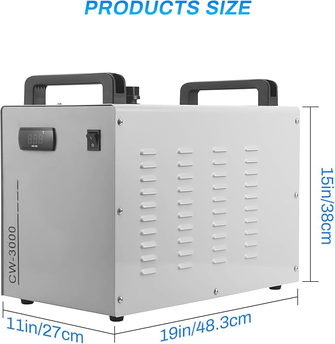 Industrial Water Chiller, CW-3000 Industrial Thermolysis Type Water Chiller, 6L Capacity 2.6gpm Water Cooling System for 40W-80W CO2 Laser Engraving & Cutting Machines, 50W / ℃