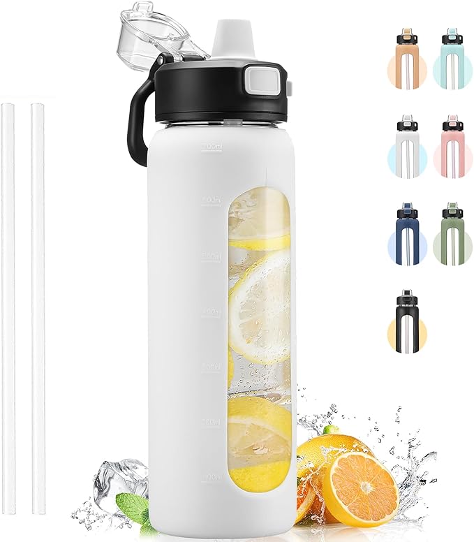 Kodrine Water Bottle With Straw and Carry Handle, Glass Water Bottle 24 oz Leak Proof Locking Lid with Soft Silicone Spout, Small Clear Water Bottle, Travel Sports Water Jug, Time Marker, White