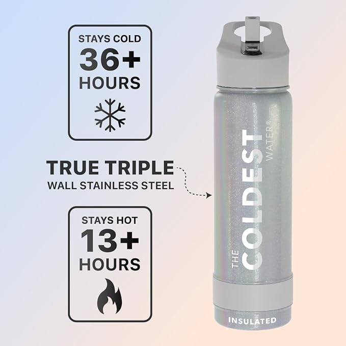 Coldest Sports Water Bottle with Straw Lid Vacuum Insulated Stainless Steel Metal Thermos Bottles Reusable Leak Proof Flask for Sports Gym (24 oz, Supernova Silver Glitter)