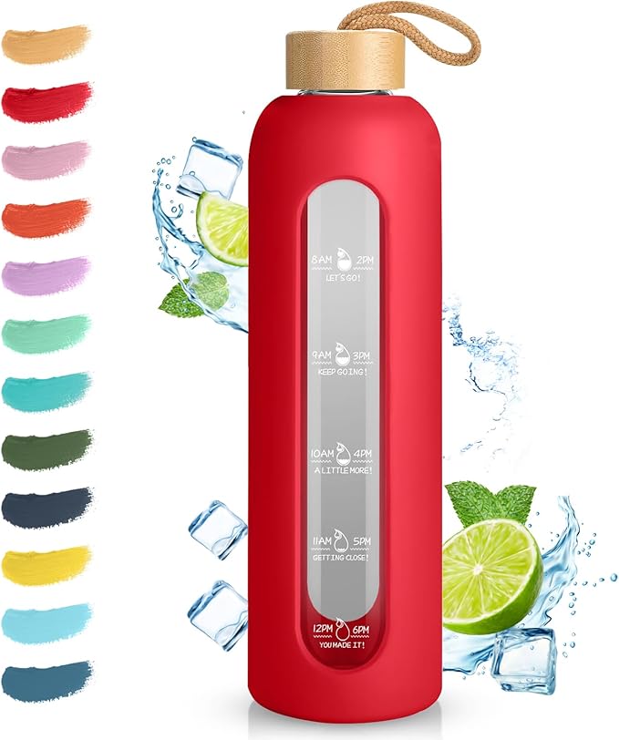 Sursip 32 oz Glass Water Bottle with Time Marker,1 Liter BPA-Free Reusable Motivational Water Bottle with Non-Slip Silicone Sleeve and Bamboo Lid, Ice Cube Tray, Leak-Proof, Dishwasher Safe