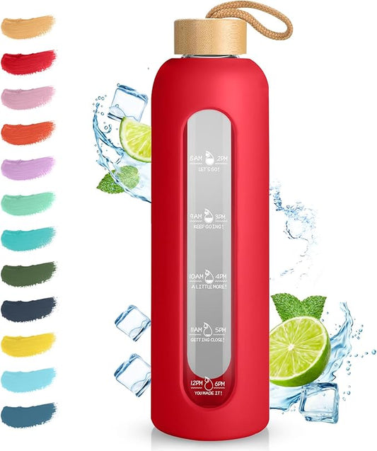 Sursip 32 oz Glass Water Bottle with Time Marker,1 Liter BPA-Free Reusable Motivational Water Bottle with Non-Slip Silicone Sleeve and Bamboo Lid, Ice Cube Tray, Leak-Proof, Dishwasher Safe