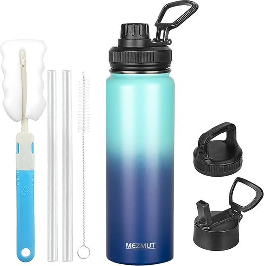 Insulated Water Bottle 24oz Stainless Steel Water Bottles with Straw&3 Lids Sports Metal Water Bottle Thermos Cup Double Walled Vacuum Insulated Bottles Leak-Proof Travel (Gradient Blue)