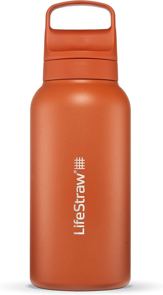 LifeStraw Go Series – Insulated Stainless Steel Water Filter Bottle for Travel and Everyday use removes Bacteria, parasites and microplastics, Improves Taste, 1L Kyoto Orange