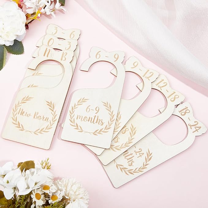 CRASPIRE 8Pcs Wood Baby Wardrobe Dividers Nursery Decor from Newborn to 36 Month Closet Organizers Hanger Seperaters Baby Nursery Infant Wardrobe Hangers Divider for Newborn Shower