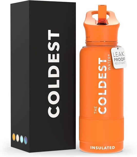 Coldest Sports Water Bottle with Straw Lid Vacuum Insulated Stainless Steel Metal Thermos Bottles Reusable Leak Proof Flask for Sports Gym (32 oz, Orange)