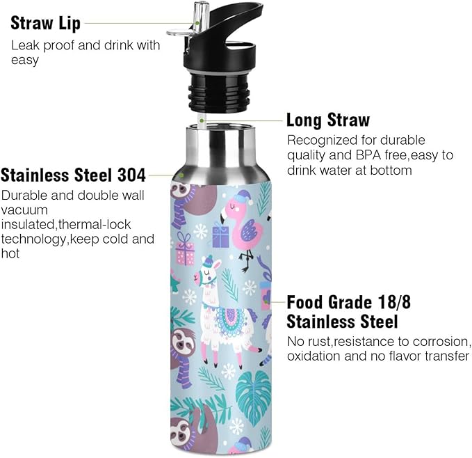 senya 20 Oz Water Bottle with Straw Animals Alpaca Llama Sloth Dinosaur Stainless Steel Water Bottle for Traveling Sports Leakproof Insulated Water Bottle