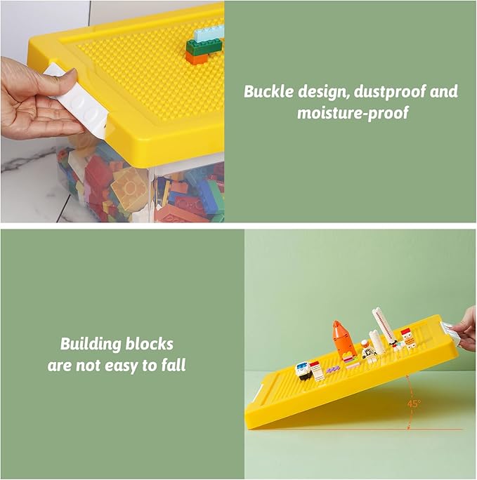 loobuu Plastic Storage Bins with Lids - 1 Set Stackable Arts Crafts Organizer Box with Removable Divided Tray &Compatible Building Baseplate,Toy Chest Containers for Bricks-Yellow(14.37"x9.64"x6.69")