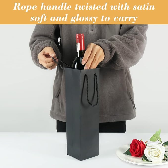 HRX Package Sturdy Kraft Paper Single Bottle Wine Gift Bags, 12PCS Quality Paper Wine Tote Bags with Handles for Christmas, Party, Shopping, Retail Merchandise (Black)