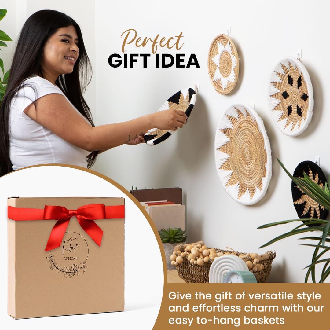 Tebie At Home Boho Wall Art - Boho Wall Baskets Decor - Handmade Set of 5 Woven Baskets With Seagrass - Flat Elegant Art for Farmhouse and Rattan Decor for Living Room, Bedroom and Office