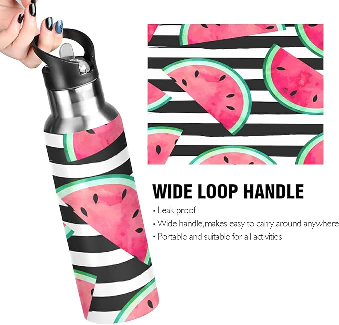 xigua Watercolor Watermelon Slices Stainless Steel Water Bottle with Straw, BPA Free Reusable Leakproof Water Jug for Fitness Camping Outdoor Sports