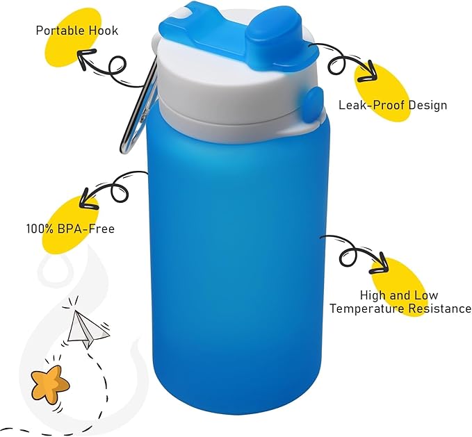 Opard Collapsible Water Bottles 19 Oz - BPA Free, Leak Proof, Foldable Silicone Collapse Bottle, Easy to Compact and Expandable, Travel Essentials Accessories