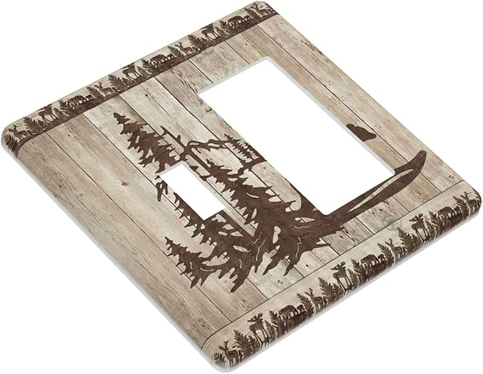 Rustic Wood Bear Forest 2 Gang Single Toggle Rocker Combination Light Switch Cover Vintage Antique Cabin Decorative Wall Plate Cover Electrical Faceplate for Farmhouse Bathroom Bedroom Kitchen Decor