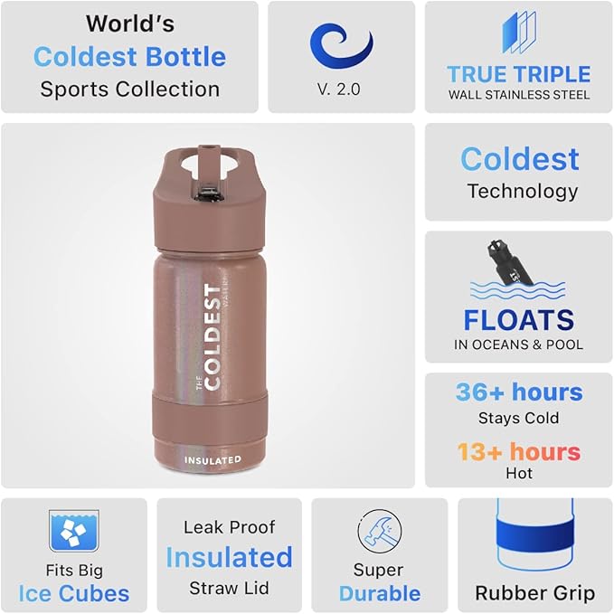Coldest Sports Water Bottle - Straw Lid Bottle with Handle Leak Proof, Vacuum Insulated Stainless Steel, Double Walled, Thermo Mug, Metal | Rose Gold 14 oz