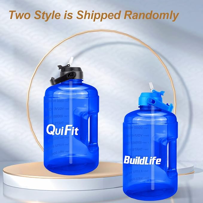 QuiFit 1 Gallon Water Bottle - with Straw & Motivational Time Marker Leak-Proof BPA Free Reusable Gym Sports Outdoor Large(128OZ) Capacity Water Jug(Blue,1 Gallon)