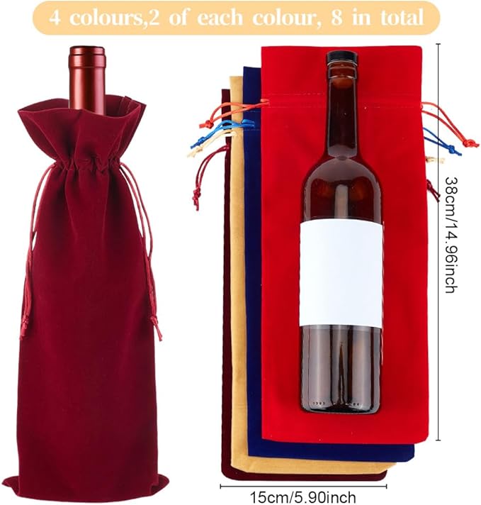 PLIGREAT 8 Pcs Velvet Wine Bags 4 Color Wine Gift Bags with Drawstrings, Reusable Wine Bottle Bags for Wedding, Birthday, Dinner Party, Christmas Congrats Gift Bags, Wine Wrapping Bags