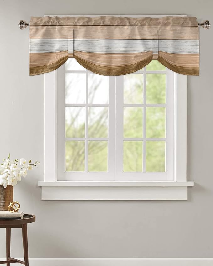Farmhouse Summer Blackout Tie Up Valance Curtains for Kitchen Windows,Brown Beach Fall Window Toppers Balloon Shades for Living Room/Bathroom/Bedroom,1 Panel,42" X 18" Rustic Barn Wood Texture