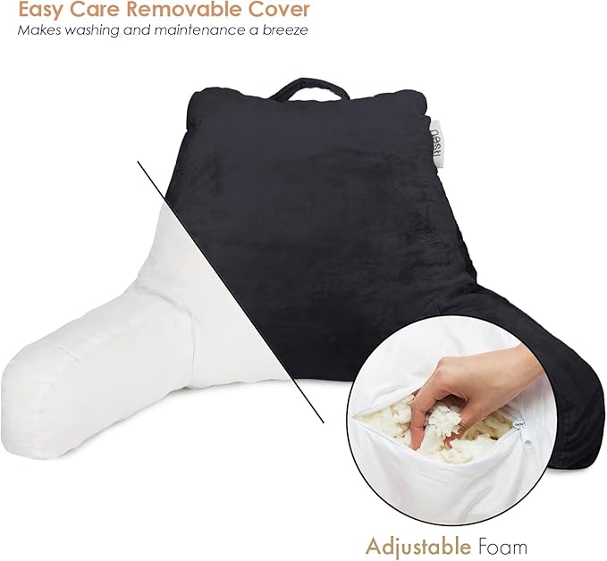 Nestl Reading Pillow Standard Bed Pillow, Back Pillow for Sitting in Bed Shredded Memory Foam Chair Pillow, Reading & Bed Rest Pillows Black Back Pillow for Bed, Bed Chair Arm Pillow with Pockets