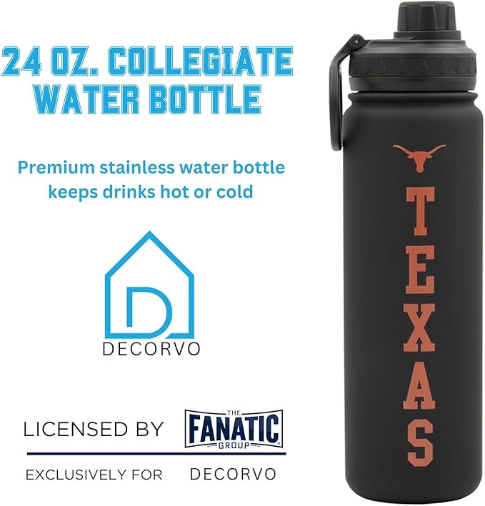 University of Texas Water Bottle - Black Double Walled Stainless Steel 24 oz Keeps Drinks Cold or Hot