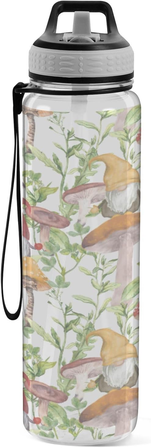 Kigai Mushroom Gnome Clear Water Bottle with Straw Lid, BPA-Free Leakproof Sport Water Bottle 32oz Large Gym Water Jug for Men Women Travel Fitness Outdoor