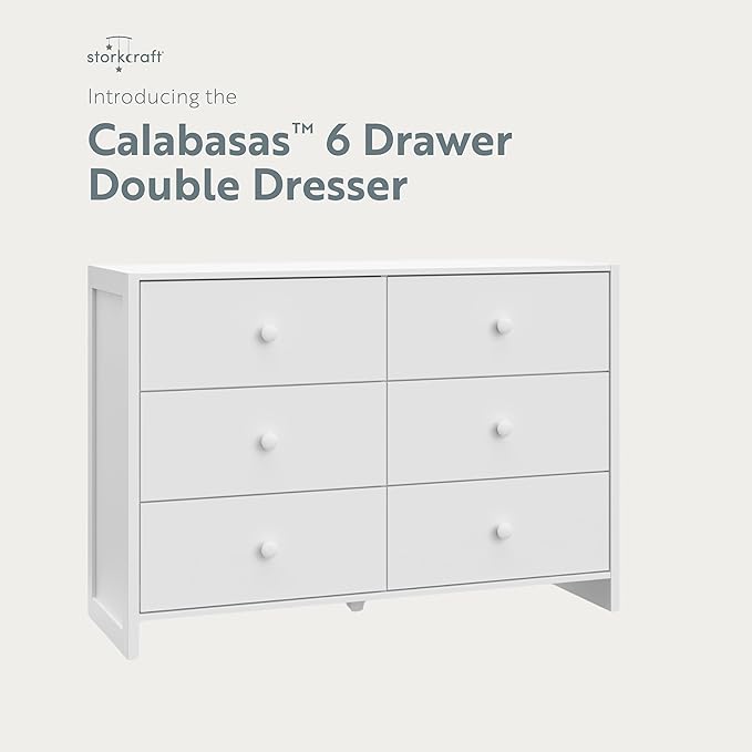 Storkcraft Calabasas 6 Drawer Dresser (White) - GREENGUARD Gold Certified, 6 Drawer Dresser with Interlocking Drawer System, Dresser Drawer Organizer for Kids' Bedroom