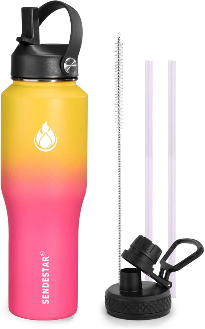 SENDESTAR Water Bottle 32oz,2 Lids(Straw lid),Wide Mouth Stainless Steel Vacuum Insulated Double Wall Keep Liquids Cold or Hot All Day,Sweat Proof Sport Design,Fit Car Cup Holder(Yelow&Pink)