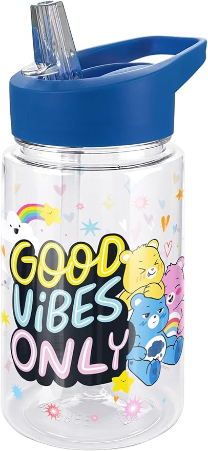 LOGOVISION Care Bears Kids Tritan Plastic Water Bottle with Straw Lid and Handle, Reusable Tumbler for Toddlers, Unisex for Girls and Boys, 12oz, Good Vibes Only