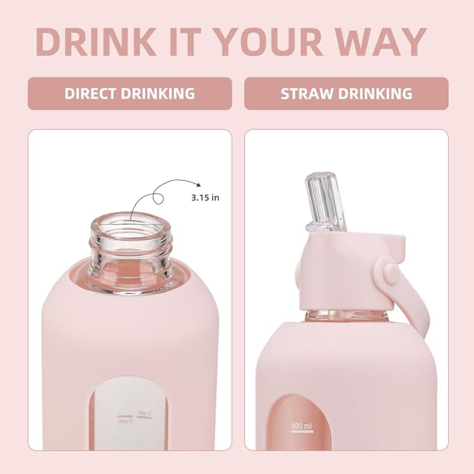 20 oz Glass Water Bottles with Straw Borosilicate Glass Water Bottle with Time Marker Motivational Water Bottles with Silicone Sleeve Leak Proof Reusable BPA Free