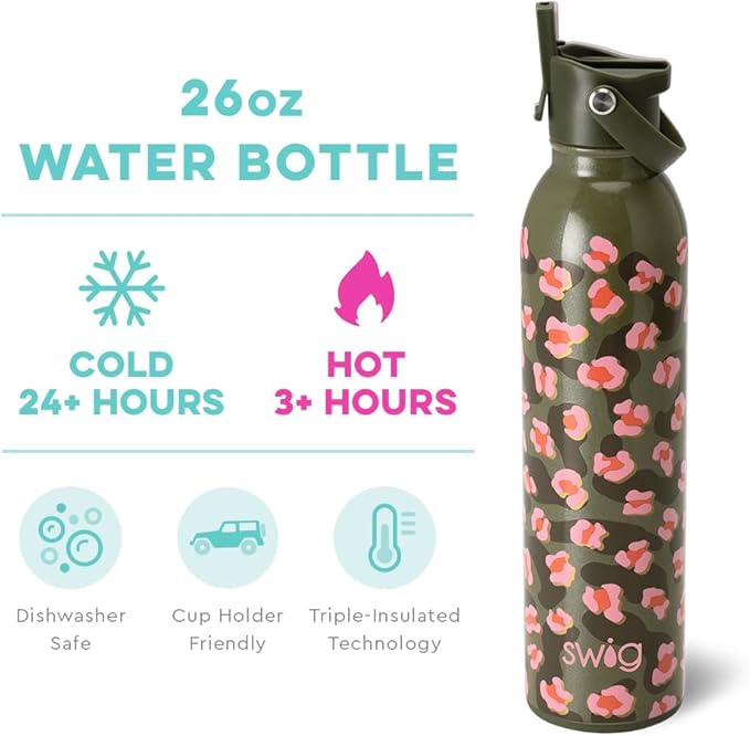 Swig Life 26oz Insulated Water Bottle with Straw & Flip + Sip Handle | Leak Proof, Dishwasher Safe, Cup Holder Friendly, Stainless Steel Water Bottle in On the Prowl