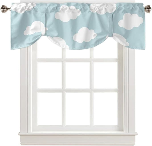 Kids Blackout Tie Up Valance Curtains for Kitchen Windows Blue White Cloud Cartoon Window Toppers Balloon Shades for Living Room/Bathroom/Bedroom,1 Panel,60" X 18"