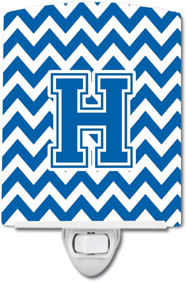 Caroline's Treasures CJ1056-HCNL Letter H Chevron Blue and White Ceramic Night Light Compact, UL-Certified, Ideal for Bedroom, Bathroom, Nursery, Hallway, Kitchen, 6x4x3, Multicolor