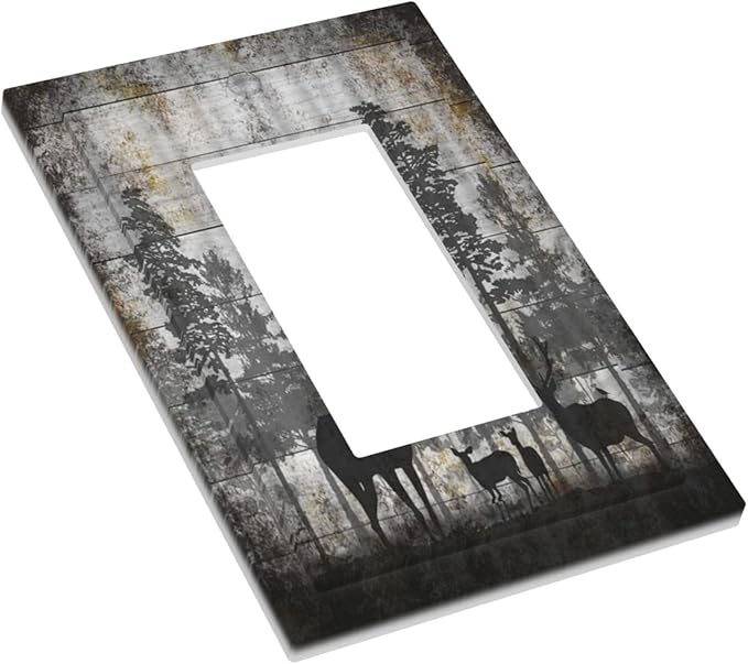 Rustic Deer Forest Vintage Wood Board 1 Gang Rocker Boho Light Switch Covers Decorative Country Unique Single Decora Outlet Wall Plate Faceplate Switchplate GFCI for Farmhouse Bedroom