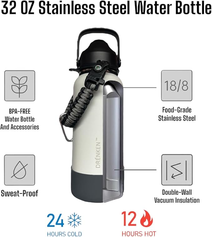 Water Bottle, Insulated water bottle, Stainless steel water bottle for kids men women Sports water bottle 32 oz Water bottle with straw Insulated Flask (Light Gray)