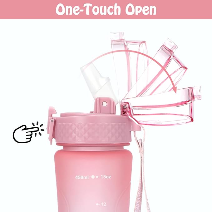 OLDLEY Replacement Straw Lid for 15 oz Water Bottle, Leakproof Spillproof Dustproof One-Click Open Cap with Carry Strap