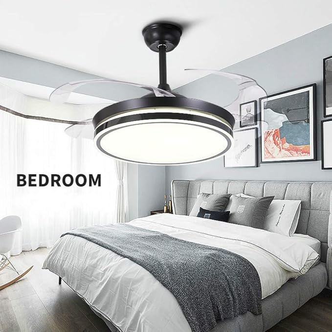 Invisible Ceiling Fans with Light Retractable Blades Modern Ceiling Fan Chandelier Remote Control Fan Lights for Living Room Indoor LED Ceiling Light Fans (42 Inch, Black-01)