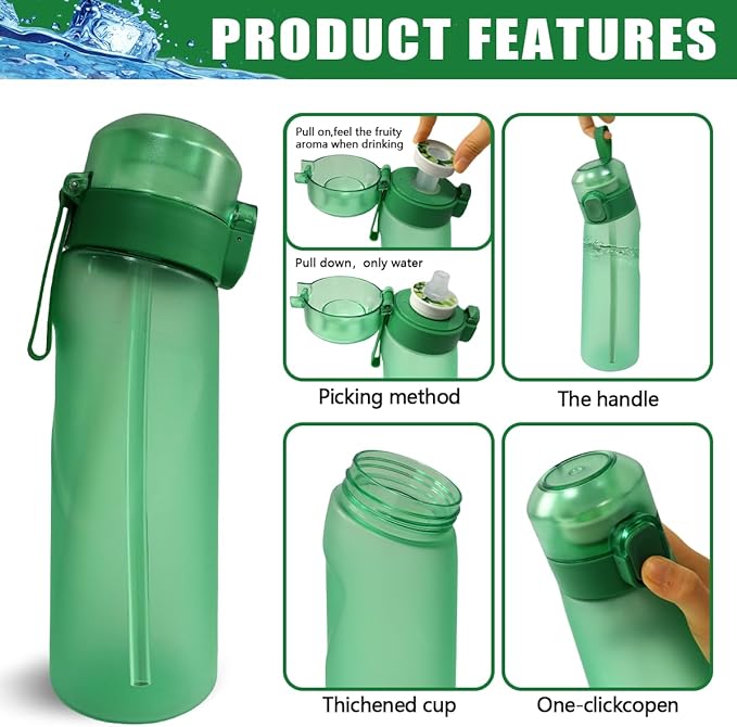 Water Bottle with Flavor Pods 21.9 Oz/650ml Fruit Fragrance Water Bottle Recyclable Sports Air Water Cup Scented Pods for Outdoor (Green)