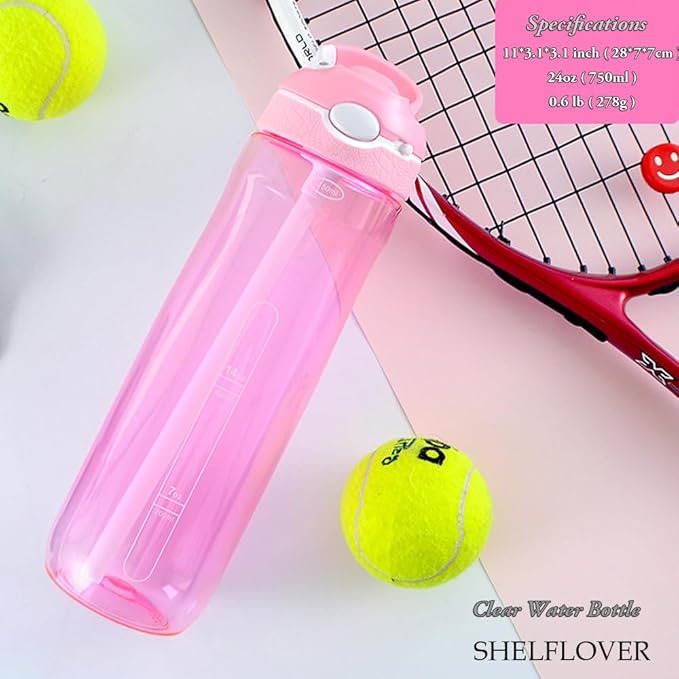 SHELFLOVER Pink Water Bottle With Narrow Straw, BPA FREE Clear Bottles With Handle One Hand Use Easy Carried, Flip Up, Suit School, Office, Gym, Office For Women 24oz (750ml)