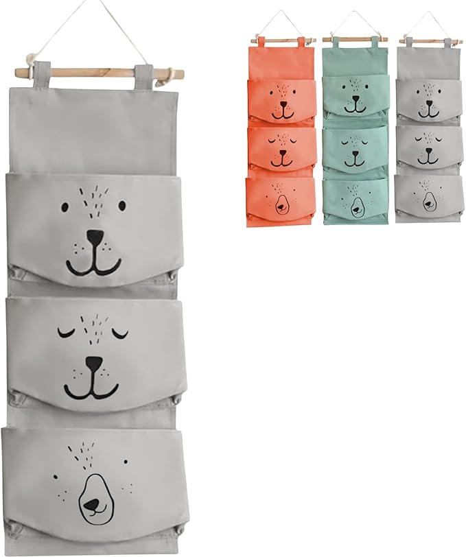 Large Wall Hanging Organizer with 3 Storage Pockets-Space saver for Playroom, Bedroom, Baby Nursery, Bedside, Closet. Cute animal print cubby caddy. Waterproof, Travel Friendly
