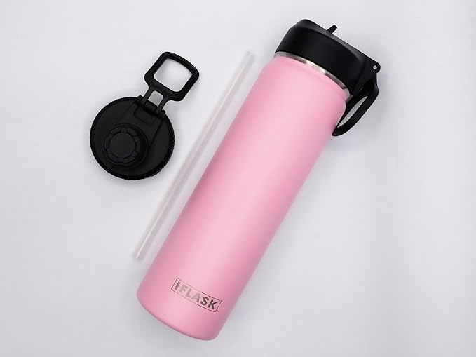 Sport Travel Outdoor Water Bottle with Spout and Straw Lids | Leak Proof | Insulated Stainless Steel Double Walled | BPA and Sweat free | Hot & Cold | For Kids Men & Women (Pink, 22 oz)