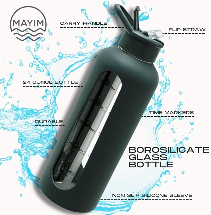 Mayim 24 Oz Glass Tumbler with Straw and Handle, Reusable Motivational Glass Water Bottle with Silicone Sleeve and Time Marker, Leak Proof Borosilicate Water Bottle -Slate