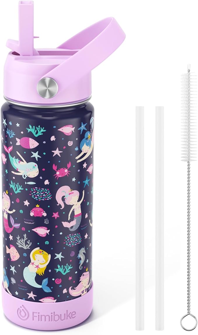 Fimibuke Kids Insulated Water Bottle - 18oz BPA-FREE 18/8 Stainless Steel Kids Cup with Straw Travel Tumbler Double Wall Vacuum Leak Proof Toddler Water Bottle for School Boys Girls(1 Pack, Mermaid)