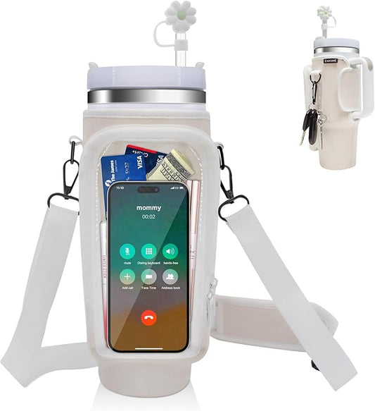 Water Bottle Carrier Bag for Stanley Cup Accessories, for Stanley Tumbler 40 Oz with Handle Holder Bag with Strap Neoprene Bollus with Straw, Straw Cover, Carabiner (Off White)