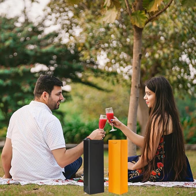 KEYYOOMY Wine Gift Bags - 10 Pack Orange Kraft Paper Wine Bottle Gift Bags with Handles for Wedding Birthday Housewarming Christmas Party Supplies(10CT, 13.8x4.3x3.5 IN, Orange)