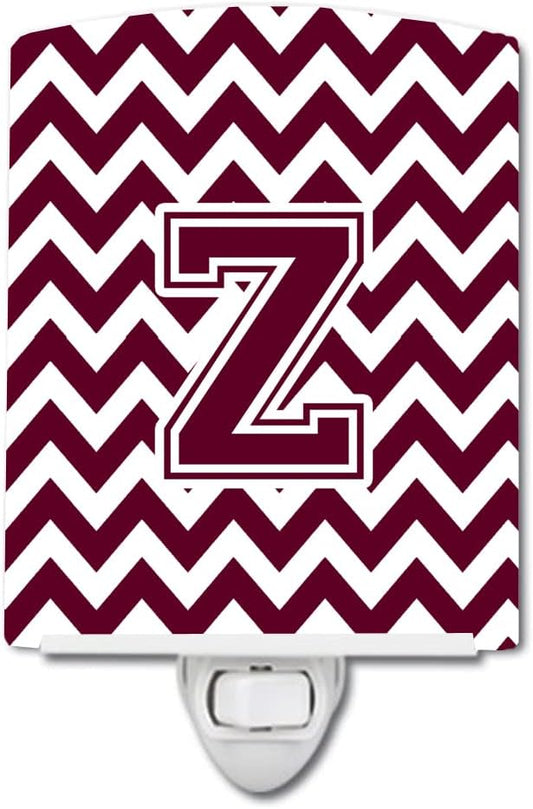 Caroline's Treasures CJ1051-ZCNL Letter Z Chevron Maroon and White Ceramic Night Light Compact, UL-Certified, Ideal for Bedroom, Bathroom, Nursery, Hallway, Kitchen, 6x4x3, Multicolor