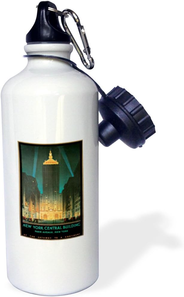 3dRose "Vintage New York Central Building Park Avenue New York Travel Poster" Sports Water Bottle, 21 oz, White