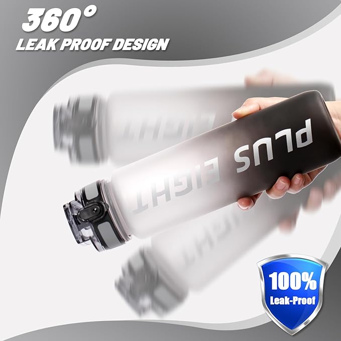Sports Water Bottle, 32 oz Motivational Water Bottles with Time Marker to Drink, Leak-Proof Tritan BPA-Free with Carrying Strap for Women Men Gym Fitness Outdoor (Gray Black)